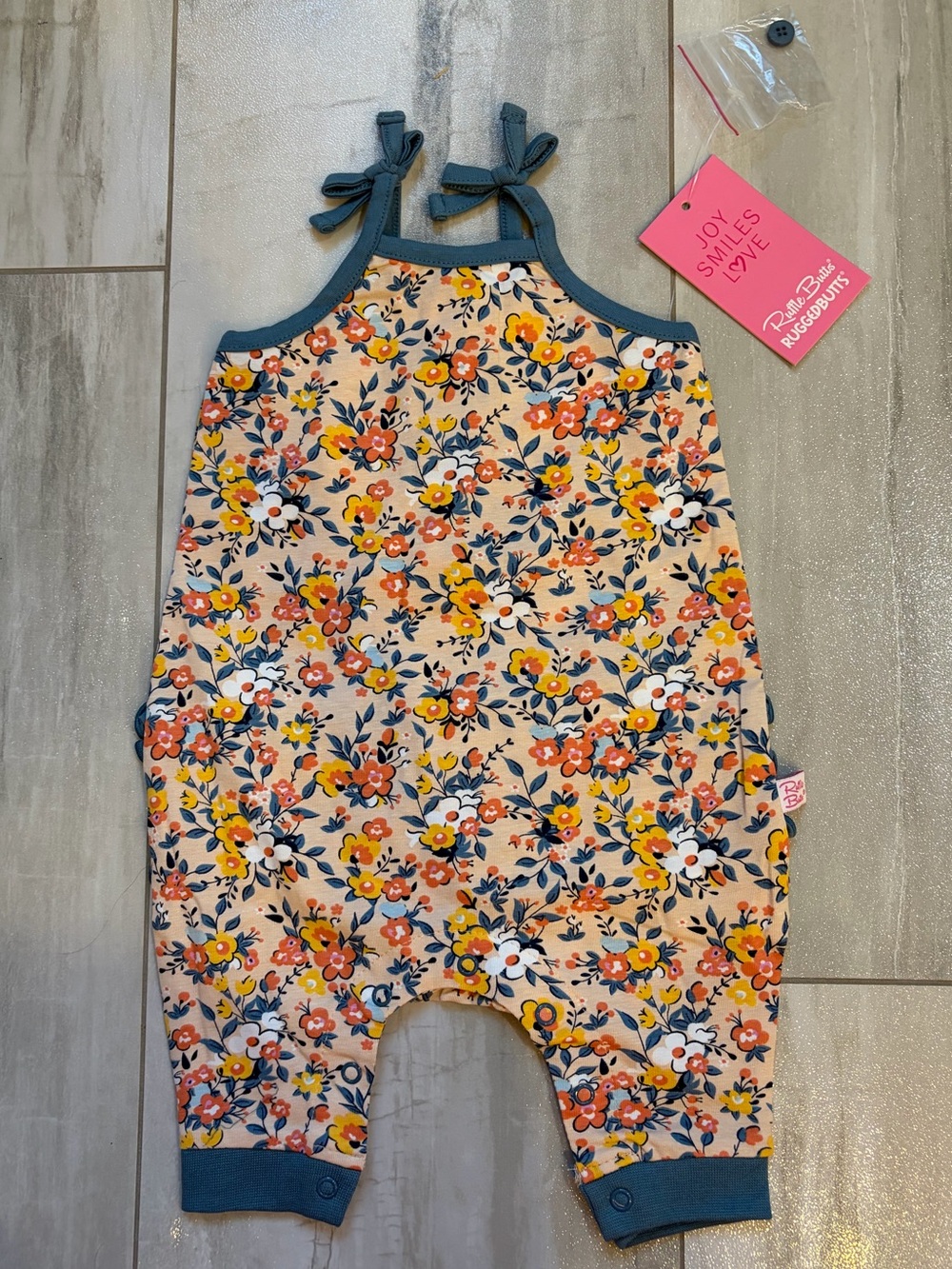 NWT RuffleButts Floral Summer Blooms Full Length Striped Romper Jumpsuit 0-3M